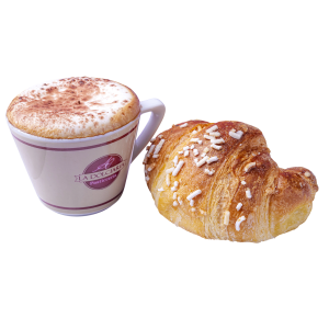 Cappuccino cremoso e cornetto zuccherato da bar pasticceria. Colazione italiana perfetta.