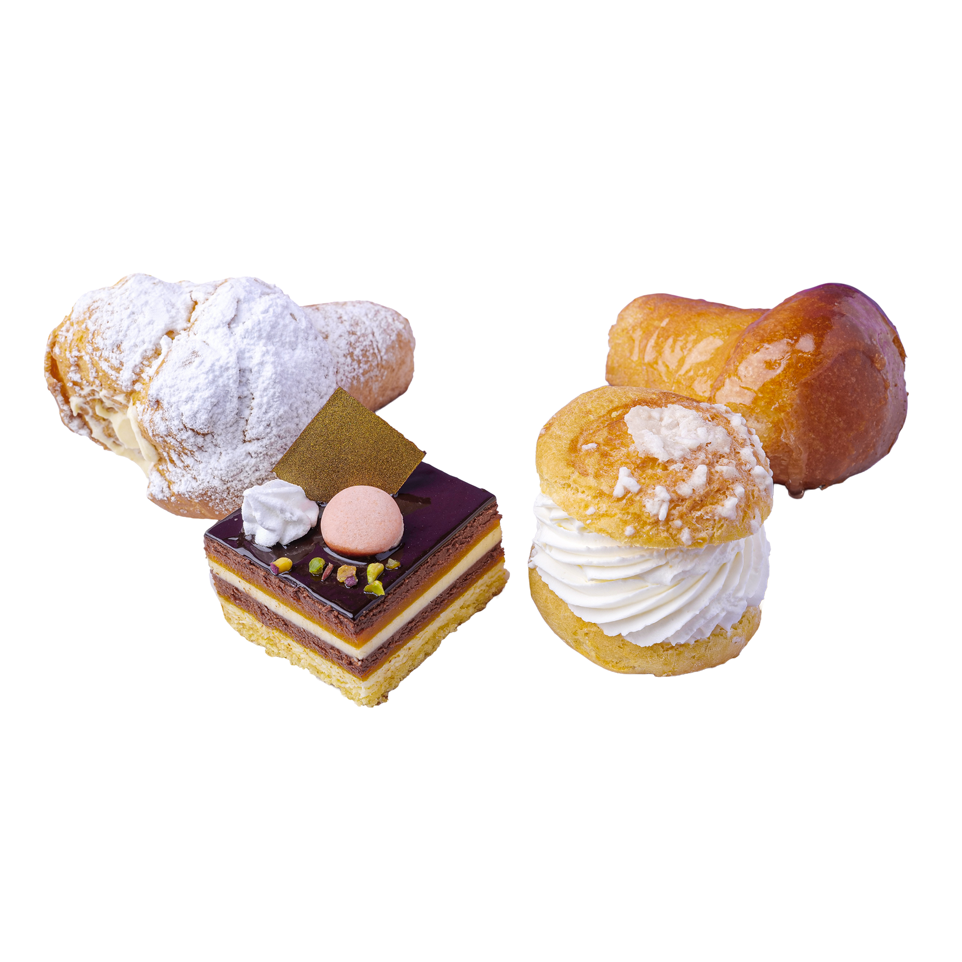 Assortimento di pasticceria fresca: croissant, babà, torta e bignè. Delizie per ogni gusto!